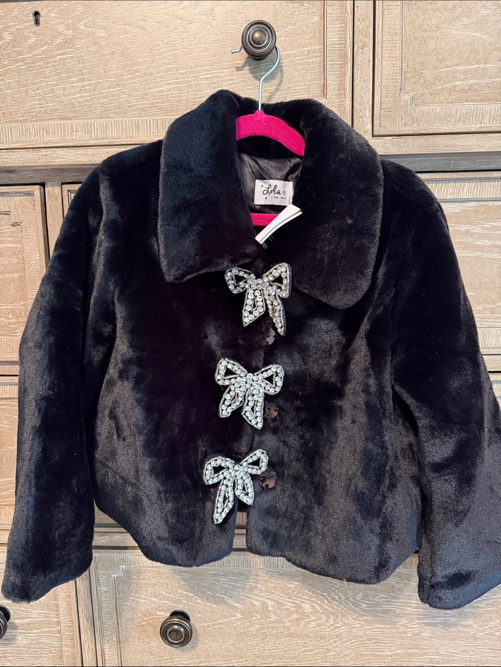 Lola and The Boys Black Faux Fur Coat with Crystal Bow Buttons